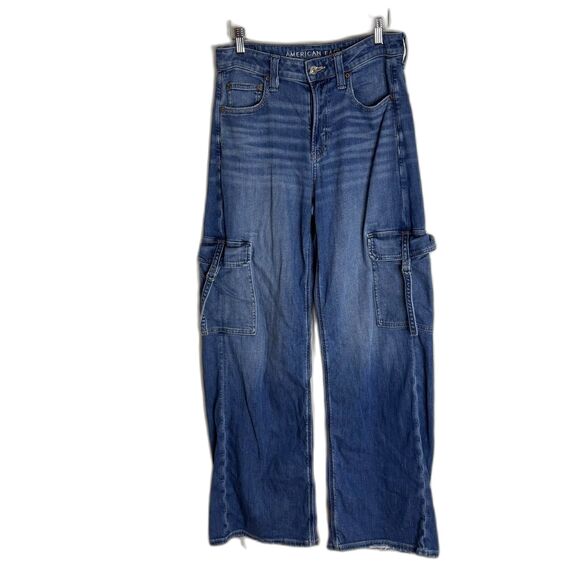 American Eagle Jeans Womens 4 Blue Super High Rise Baggy Wide Leg Cargo Stretch - Picture 1 of 14